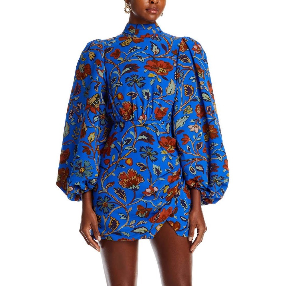Rhode Luke Dress Royal Vichy Rose Grande Floral Blue Balloon Sleeve Mini NWT 4